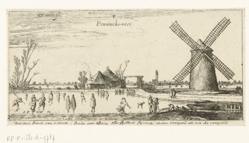 Skaters on the ice near a mill at Penningsveer