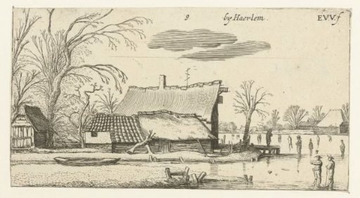 Farmhouse near a frozen river with skaters