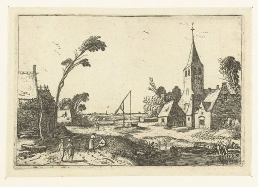 Village view with farmhouses, church and a well