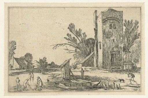 Square tower near a frozen river with kolf players