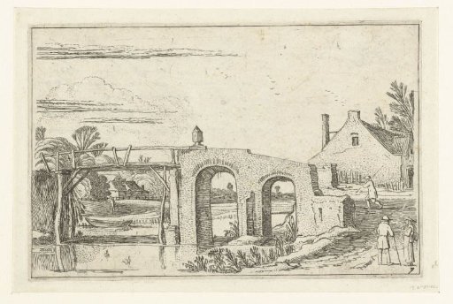Landscape with path over a bridge of stone and wood