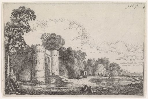 Covered wagons on a path near a castle