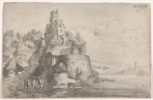 Figures at a fort in a river landscape