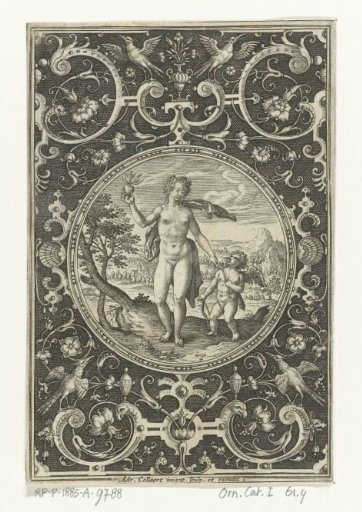 Medallion with Venus and Cupid in a frame of grotesques with flowers, garlands, animals, and masks