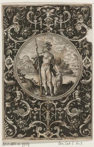 Medallion with Minerva holding a spear and shield with the head of Medusa, in a frame of grotesques with flowers, garlands, animals, and masks