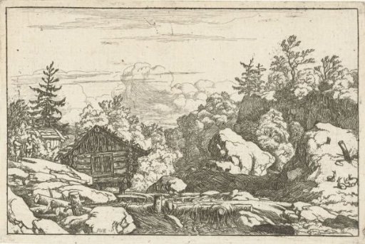 Landscape with a hut near a waterfall