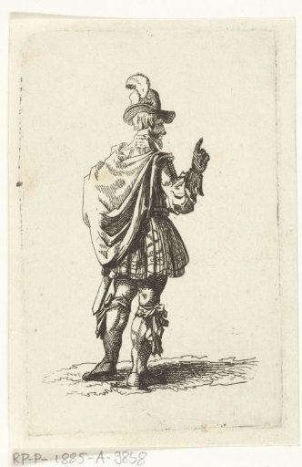 A man with a plumed hat seen from the back