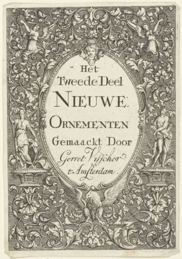 Minerva and Apollo flank a cartouche with a title