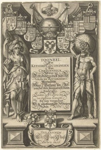 Hercules and Minerva standing on either side of cartouche with title, surmounted by coats of arms, globe and trumpets