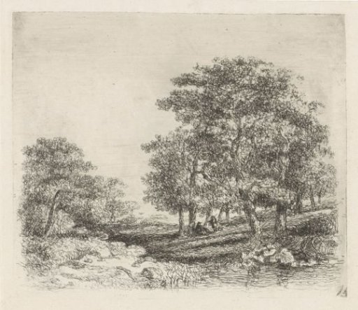 Wooded landscape with two conversing men