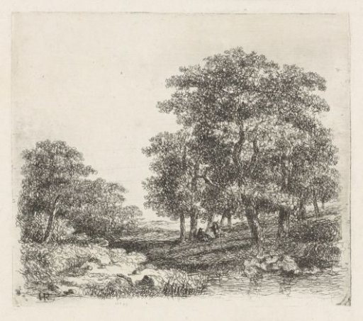 Wooded landscape with two conversing men