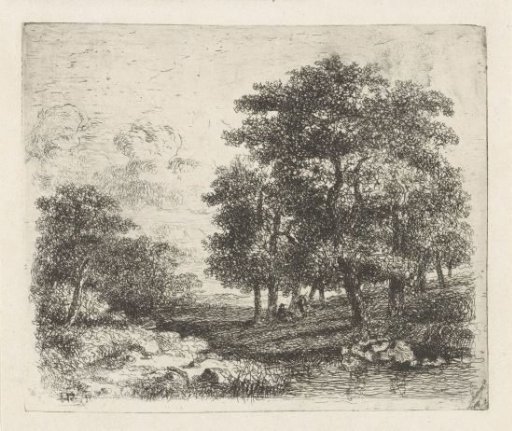 Wooded landscape with two conversing men