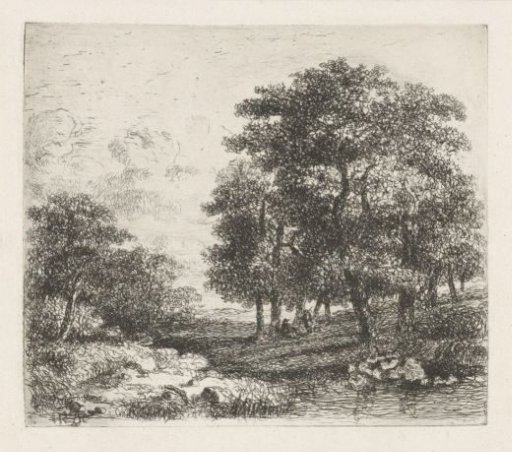 Wooded landscape with two conversing men
