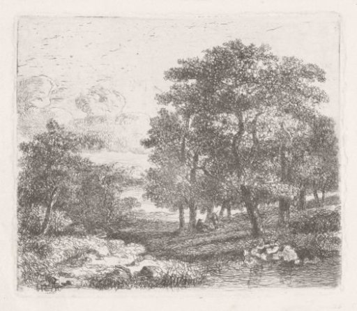 Wooded landscape with two conversing men
