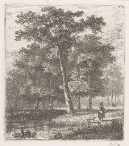 Wooded view with a woman and a dog by a small lake