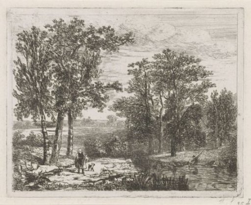 Woman and dog at the edge of the woods