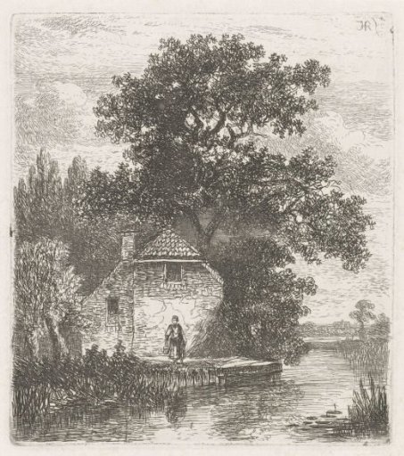 Woman in front of a farmhouse by the water