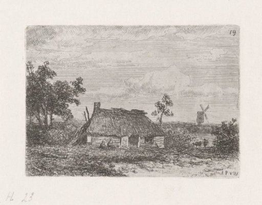 Two figures in front of a building with a thatched roof