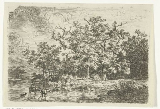 Landscape with trees and woman on donkey in shallow water