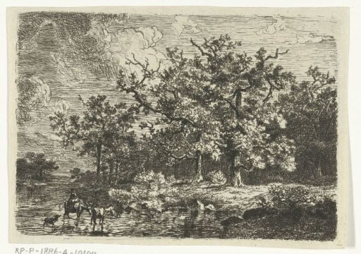 Landscape with trees and woman on donkey in shallow water