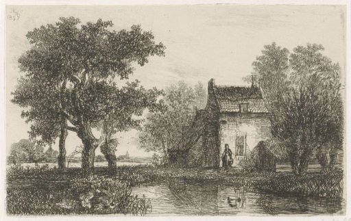 Woman with a basket in front of a farmhouse by the water