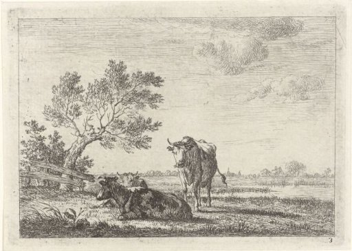 Three Cows by a Lake in a Meadow