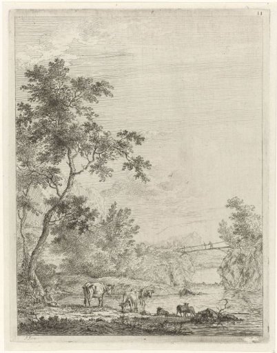 Mountainous Landscape with Shepherd and Cattle by a River