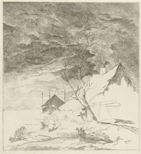 Night landscape with a farmhouse and skaters