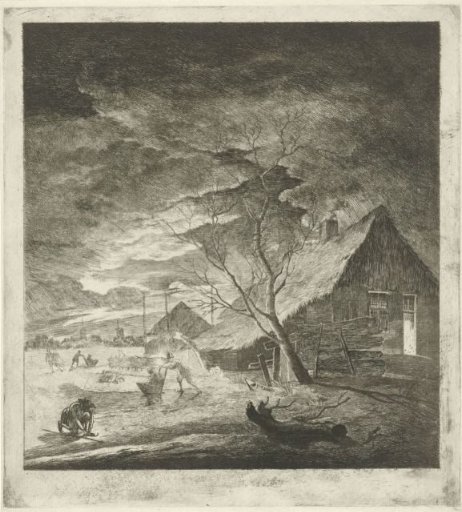 Night landscape with a farmhouse and skaters