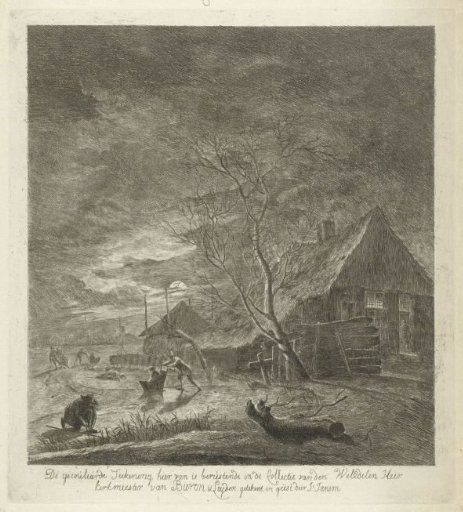 Night landscape with a farmhouse and skaters