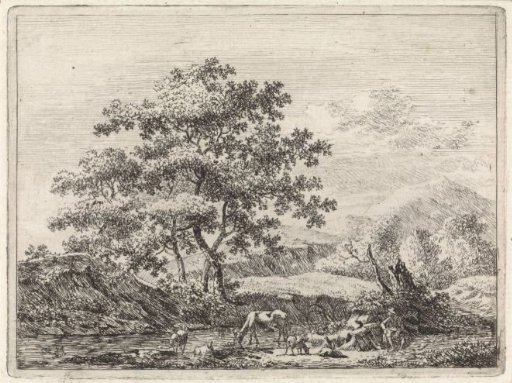 Shepherd with cattle by a river