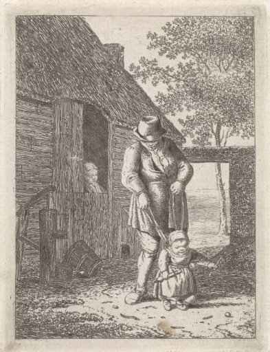 Peasant with child on a leash