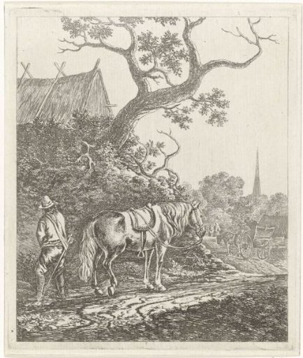 Horse on a country road with a man watering
