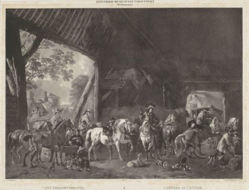 Stable interior with arrival of a hunting party