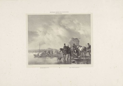 River landscape with hay wagon and travellers on horseback