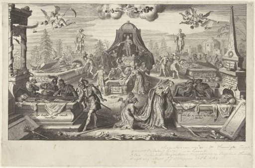 Men and women looking into the open graves of historical persons