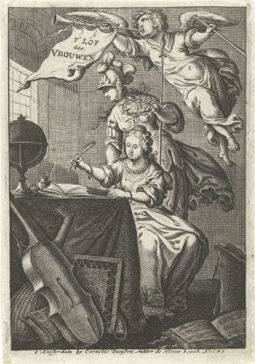 Woman writing at a table in the presence of Minerva and Fame with a trumpet