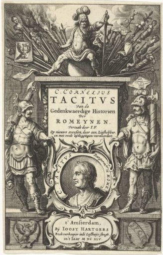 God Mars enthroned on pillar with war booty and portrait of Publius Cornelius Tacitus in cartouche flanked by two Roman soldiers