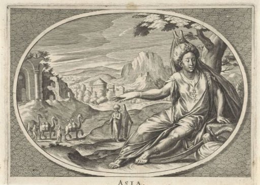 Female personification of the continent of Asia as a woman with turban and sabre in a landscape with camels