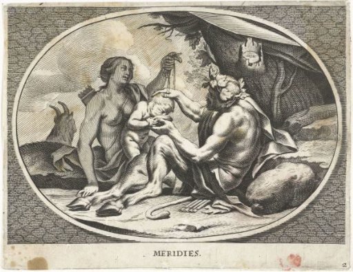 Satyr and nymph with a child drinking grape juice from a bowl