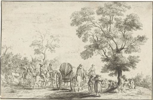 Covered wagon escorted by riders