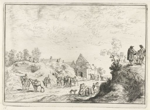 Many figures on a path near a village