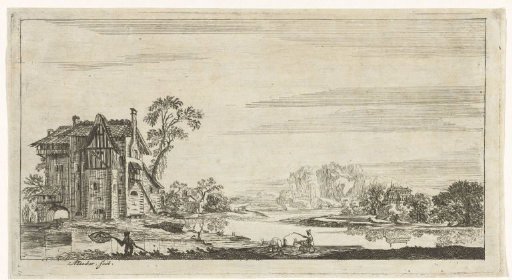 Landscape with a donkey and a fisherman in the foreground
