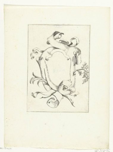 Cartouche decorated with consoles, ribbons, and branches
