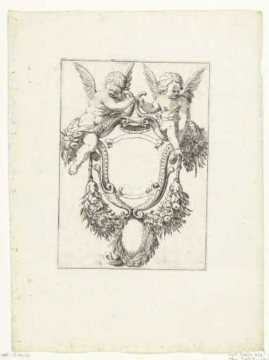 Cartouche with garlands and two seated putti
