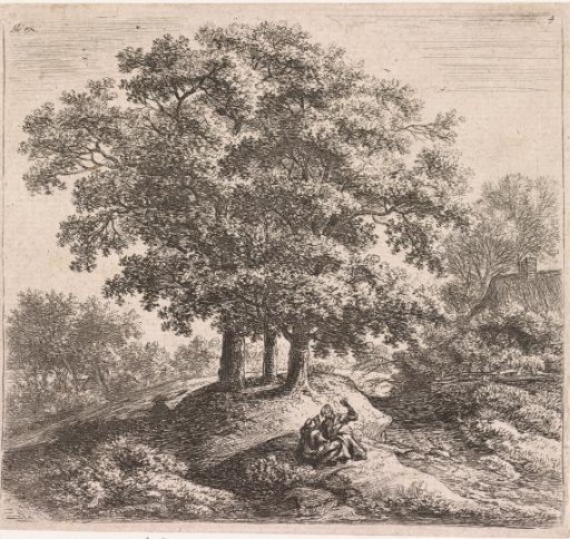 Two figures on a hill near a house