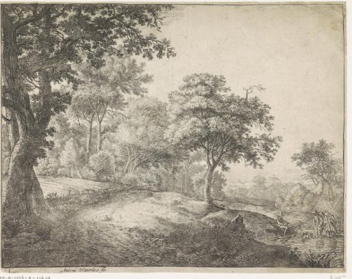 Two figures wading through a stream