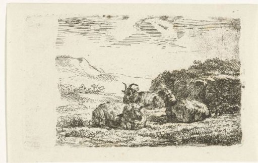 Two sheep and a ram lying beside a hill