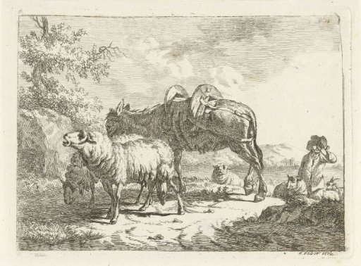 Shepherd with sheep and a donkey