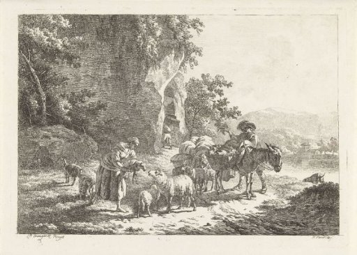 Shepherds with flock near a cave